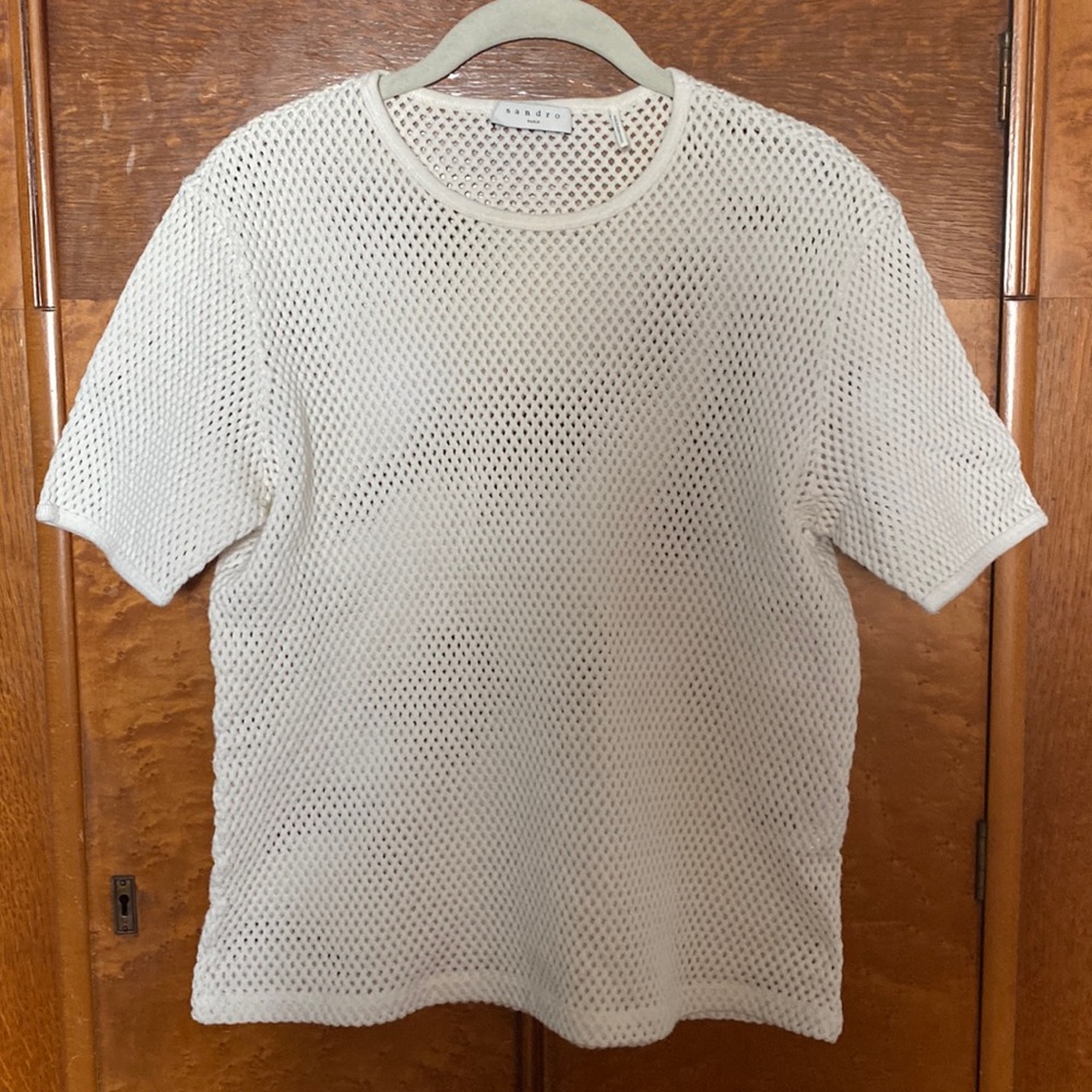 Sandro Paris Cotton White Mesh Short Sleeve Tee T-Shirt Size Medium
